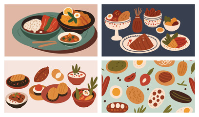 Served to Perfection. Collection of Vector Flat Illustrations of Delicious Menus for Restaurant, Cafe, Breakfast, Dinner, and More Design Concepts.