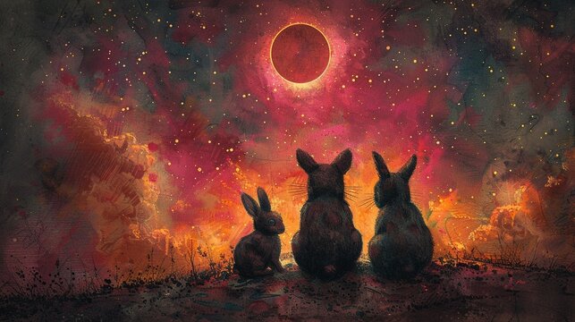 Bears and rabbits observing a radiant solar eclipse, watercolor, eye level, hot pinks and oranges, on a glowing backdrop