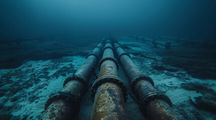 A long pipe is underwater with a blue background - obrazy, fototapety, plakaty