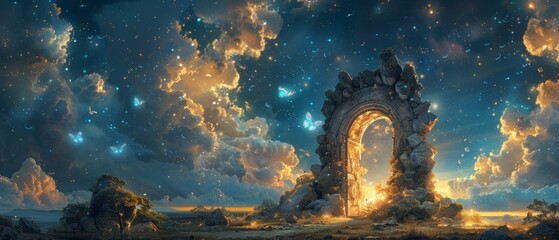 Magical mirage of an ancient gate and butterflies against a magical night sky with stars and clouds in a fairy tale panorama banner background. - obrazy, fototapety, plakaty