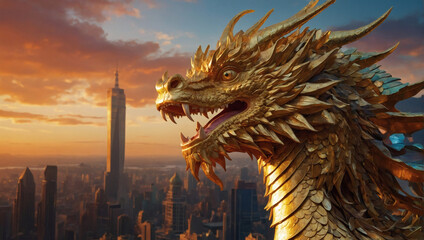 In a breathtakingly intricate virtual reality escape room, a majestic golden dragon looms amidst a vibrant, otherworldly landscape. - obrazy, fototapety, plakaty