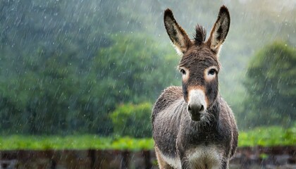 A sad grey donkey stands in the rain looking depressed. Funny animal image symbolizing sadness or disappointment.