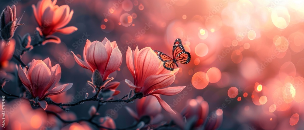 Sticker Fluttering pink magnolia blossoms and fluttering butterflies on bokeh fantasy background, fabulous fairy tale artistic floral banner with copy space.