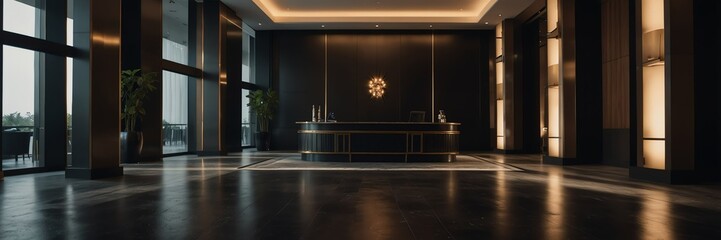 black theme luxury hotel reception lobby hall interior with columns wide angle panoramic from Generative AI