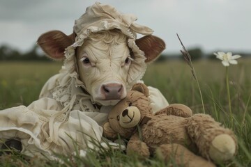 Cow leisurely dressed in a field with a teddy bear by its side, enjoying a peaceful moment together