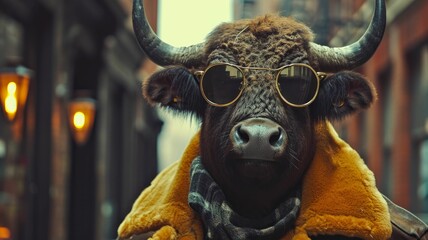Chic buffalo roams city streets with regal flair, donned in tailored elegance that defines street style. The realistic urban setting captures the majestic fusion of wild charm and contemporary fashion - obrazy, fototapety, plakaty