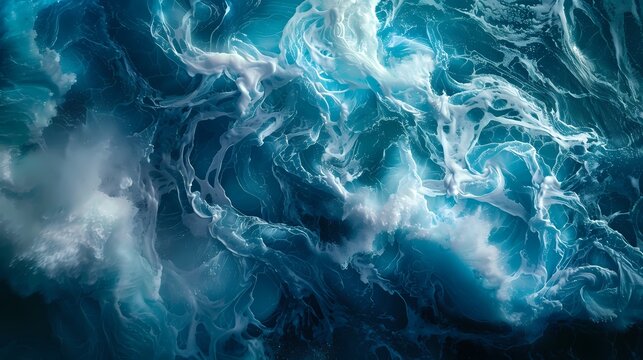 Turquoise waves crash into swirls of indigo, creating a visually captivating abstract representation of an oceanic dreamscape.
