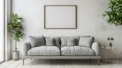 A white couch with a frame and a plant in the corner - obrazy, fototapety, plakaty