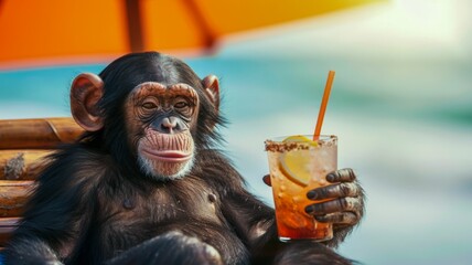 A monkey in human clothes lies on a sunbathe on the beach, on a sun lounger, under a bright sun umbrella, drinks a mojito with ice from a glass glass with a straw, smiles, summer tones, bright rich co - obrazy, fototapety, plakaty