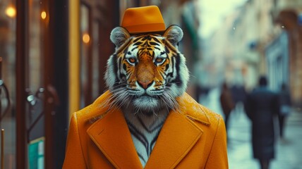 Fototapeta na wymiar Majestic tiger prowls through city streets adorned in tailored sophistication, embodying street style. The realistic urban setting captures the feline grandeur fused with contemporary fashion allure i