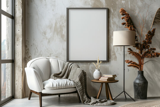 A white chair is in front of a white framed picture