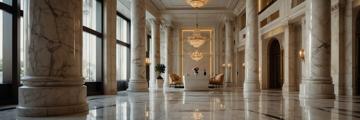 white marble theme luxury hotel reception lobby hall interior with columns wide angle panoramic from Generative AI