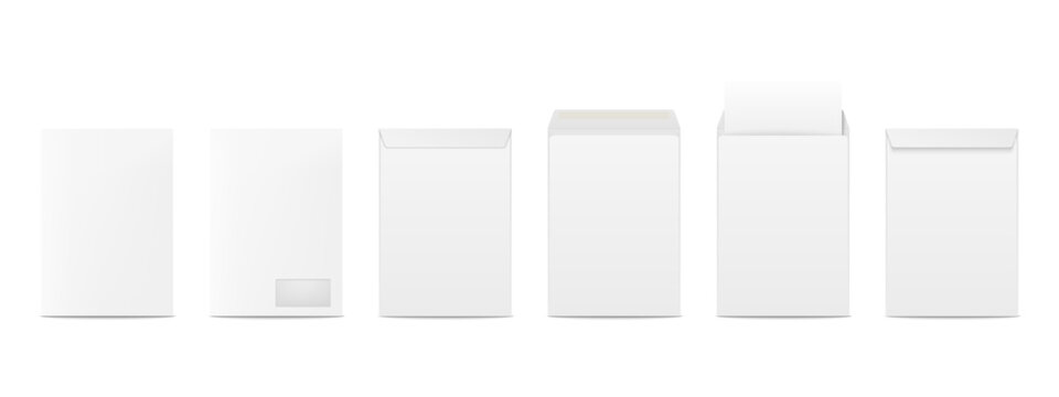 Vector Vertical White Envelopes with Blank Letter. Folded, Unfolded Isolated Envelope Set. Design Template. Message, Notification, Mailing, Surprise or Congratulations Concept
