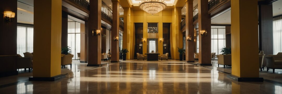 yellow theme luxury hotel reception lobby hall interior with columns wide angle panoramic from Generative AI