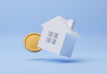 Home and money coins symbol, finance and banking about house concept. Make money and real estate investment. Buying and selling real estate. Financial success and growth concept. 3d rendering