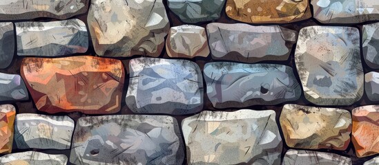 A building material painting depicting a stone wall constructed with various colored rocks, showcasing a unique blend of hues and textures