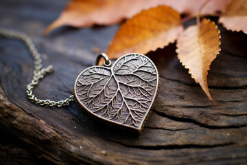 Vintage Heart Locket Amidst Autumn Leaves on Wooden Background