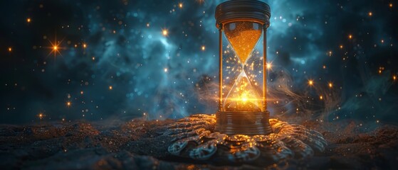 In this clip, we see an hourglass hovering in space with a star inside and standing on an ancient petrified ammonite being absorbed by a black hole against a dramatic starry cloudy sky in the - obrazy, fototapety, plakaty