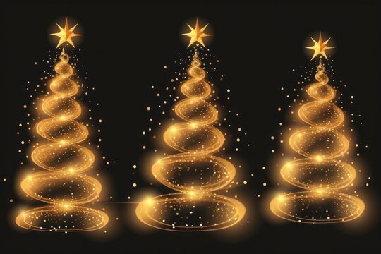Set of spiral gold sparkling Christmas trees on a black background. The Christmas trees are decorated with gold stars. Holiday decor. Postcard. Design element.