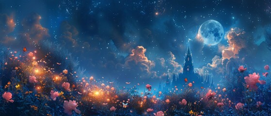 Idyllic serene fabulous mystic scene of twinkling stars, glowing moon, pink roses in flower garden, magical castle in blue night sky. Beautiful fairy tale photo background. - obrazy, fototapety, plakaty