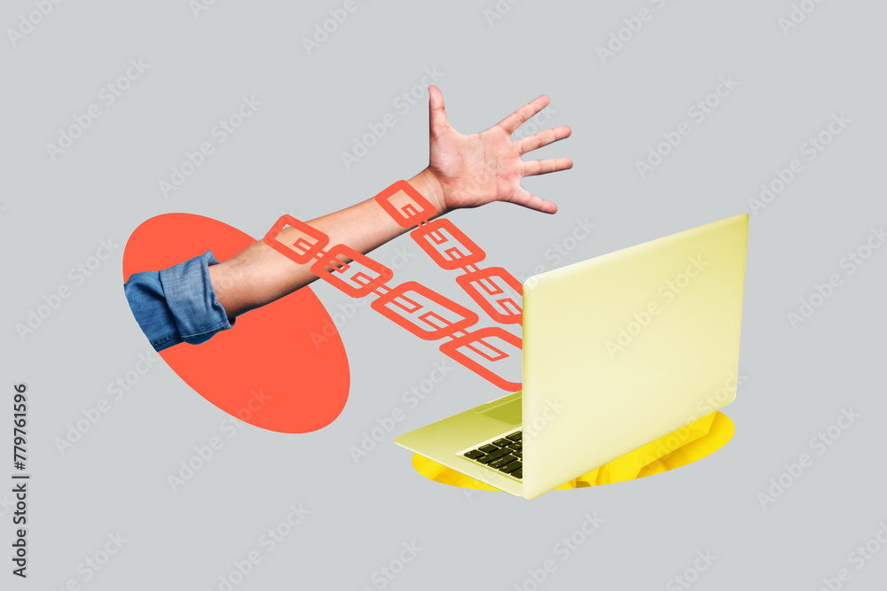 Poster creative collage picture human hand catch hold chain computer laptop internet addiction surreal help