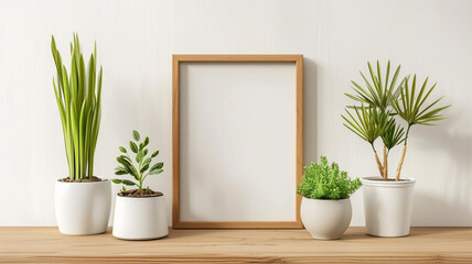 A mockup of an empty brown frame on the table and different plants in pots