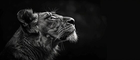 Portrait of an African Lion on a black background, Spectacular Wild Animal in Shadow, Proud Panthera Leo Looking Forward. Low Key Photo With Lioness And Copy Space Toned In Black And White Colors. - obrazy, fototapety, plakaty