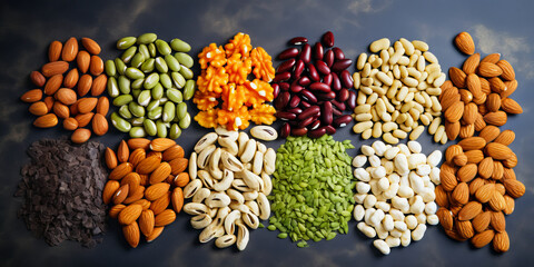 Diverse Nuts and Legumes Assortment on a Dark Surface