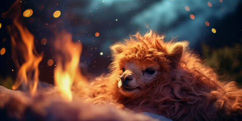 Fototapeta premium Enchanting Alpaca by Campfire Light Under Starry Night Sky
