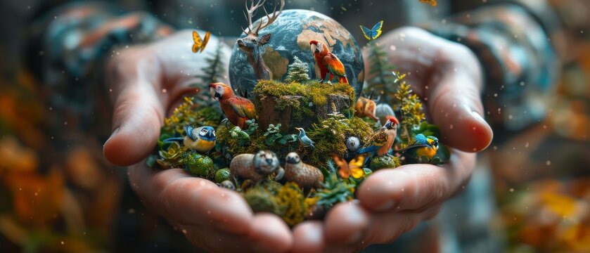 Concept depicting animals on Earth Day, World Animal Day, or Wildlife Day. Elephants, tigers, deer, birds in human hands. - Powered by Adobe