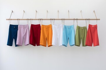 Different colors of men's shorts hanging on hangers on a white background