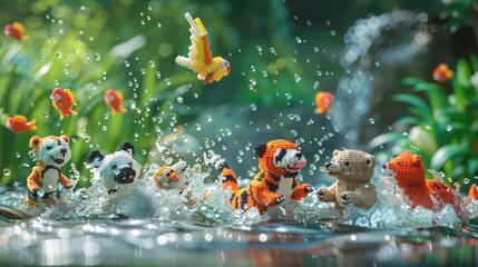 Colorful Lego animals swimming in a clear pond - obrazy, fototapety, plakaty