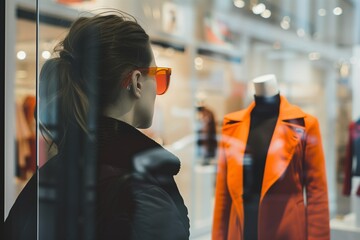 woman looks at mannequin in store, wearing sunglasses. from behind, showing the woman's back view against blurred shop window displaying items on sale. She stands near a glass door in a well-lit room