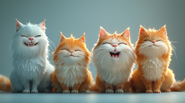 Four cats of various colors sit in a row, mouths open