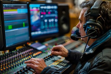 Sound Engineer Adjusting Audio Mixer in Professional Recording Studio
