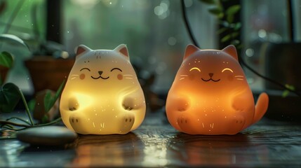 Two curious cats on a table, lit by colorful light - obrazy, fototapety, plakaty