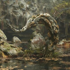Fototapeta premium Tree trunk elephant, pond, moss, flowers