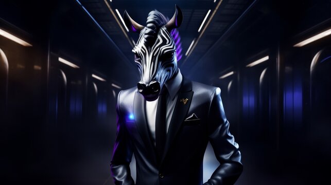 A zebra in a sleek, full-length business suit stands against a dark, mysterious backdrop, exuding authority and elegance with every stripe, Futuristic
