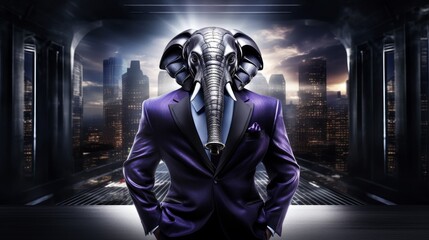 Fototapeta na wymiar The majestic presence of an elephant, dressed in a tailored business suit against a dark and mysterious backdrop, showcasing authority with grace, Futuristic