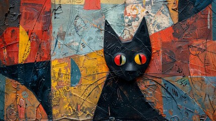 Black cat with glowing red eyes sits on colorful background