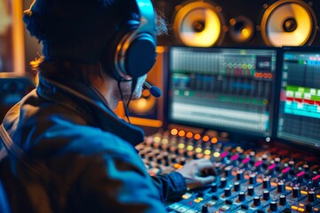 Producer Fine-Tuning Soundboard in Modern Recording Studio - obrazy, fototapety, plakaty