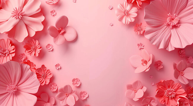 Banner image of pink paper flowers on pink background with copy space.