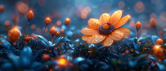Ficarius flower and ladybug in enchanted forest, fairy tale glade against mysterious midnight backdrop, elven magic wood in night darkness with moonlight. - obrazy, fototapety, plakaty