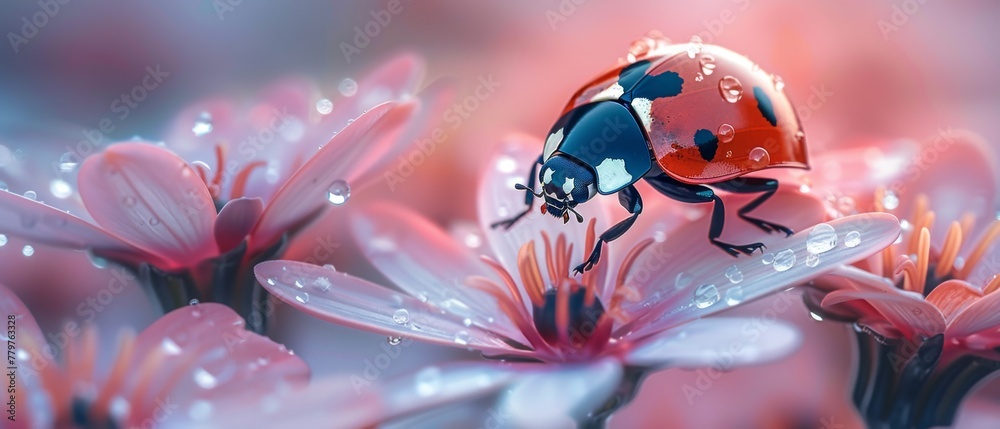 Sticker Fantasy mysterious spring background with red ladybird on blooming stellaria holostea flower, beautiful nature and macro world, fairy tale floral garden and gorgeous nature.