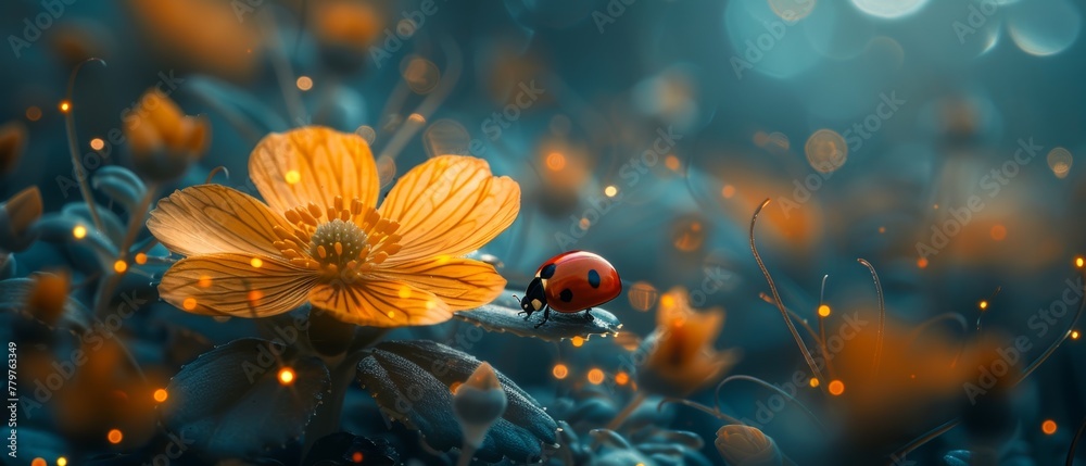 Wall mural Yellow ficaria flower and ladybug in fantasy magical garden in enchanted fairy tale forest, fairytale glade on mysterious midnight background, elven magic wood in night darkness with moonlight