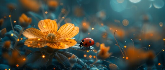 Yellow ficaria flower and ladybug in fantasy magical garden in enchanted fairy tale forest, fairytale glade on mysterious midnight background, elven magic wood in night darkness with moonlight
