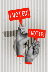 Collage image poster of people demonstrating showing placard i voted legal government election isolated on drawing background - obrazy, fototapety, plakaty