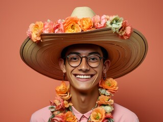 Man Wearing Hat With Flowers
