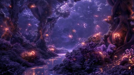 Mystical Purple Forest with Illuminated Trees and Floating Lights.