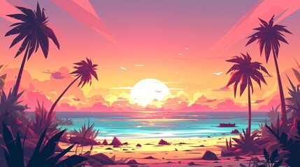 Sunset Beach Illustration: Tropical Getaway with Palm Trees